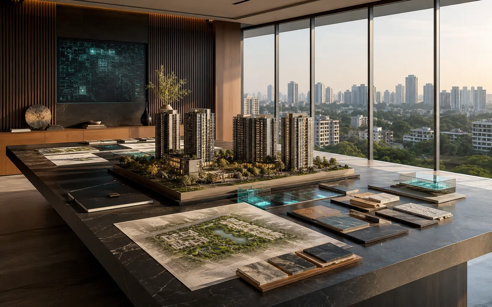 Developer strategy gallery overlooking Bengaluru with project models and plans